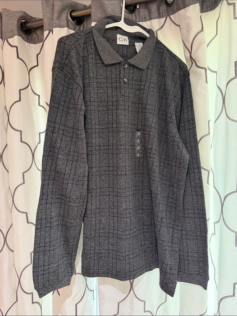 Gray Plaid Long-Sleeve Polo Shirt